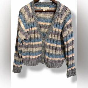 Saltwater Luxe Cozy Chunky Knit Stripe Button Up Sweater XL Pastel Blue Purple